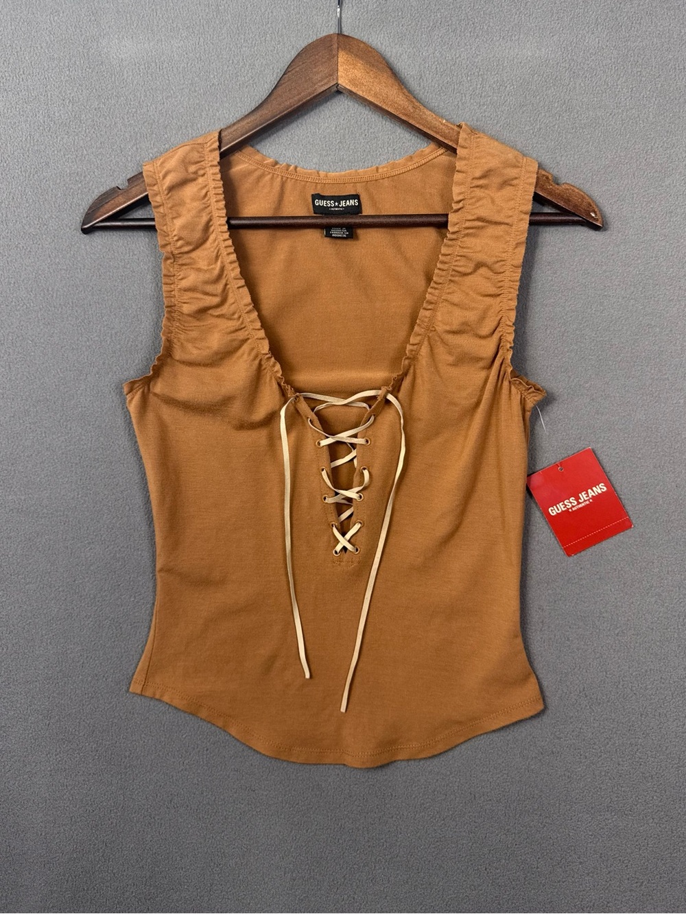 Vintage Deadstock Guess Jeans Camel Brown Lace-Up Ruffled Tank Top, M